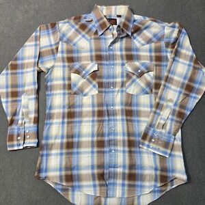 PLAINS WESTERN WEAR Mens Plaid Long Sleeve Button Up Shirt Blue Brown Size M